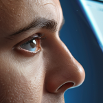 **

A person practicing the 20-20-20 rule, looking away from a bright computer screen towards a distant object, emphasizing eye health and digital well-being.

**