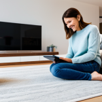 Smart Home Convenience**

A bright, modern living room showcasing smart home technology. A fully clothed woman in her 30s, wearing a modest sweater and jeans, smiles as she uses a tablet to control the lights. In the background, a robot vacuum cleans the floor. Safe for work, appropriate content, fully clothed, professional, perfect anatomy, natural proportions, well-lit, family-friendly scene.

**