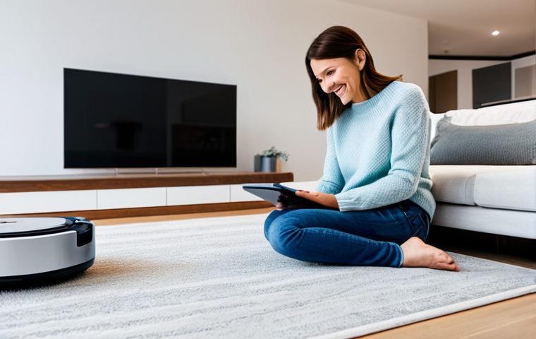 Smart Home Convenience**

A bright, modern living room showcasing smart home technology. A fully clothed woman in her 30s, wearing a modest sweater and jeans, smiles as she uses a tablet to control the lights. In the background, a robot vacuum cleans the floor. Safe for work, appropriate content, fully clothed, professional, perfect anatomy, natural proportions, well-lit, family-friendly scene.

**
