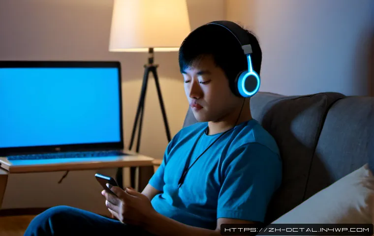 디지털 세대와 정신 건강 문제 - Photorealistic young adult sitting alone on a sofa in a softly lit apartment at night, holding a sma...